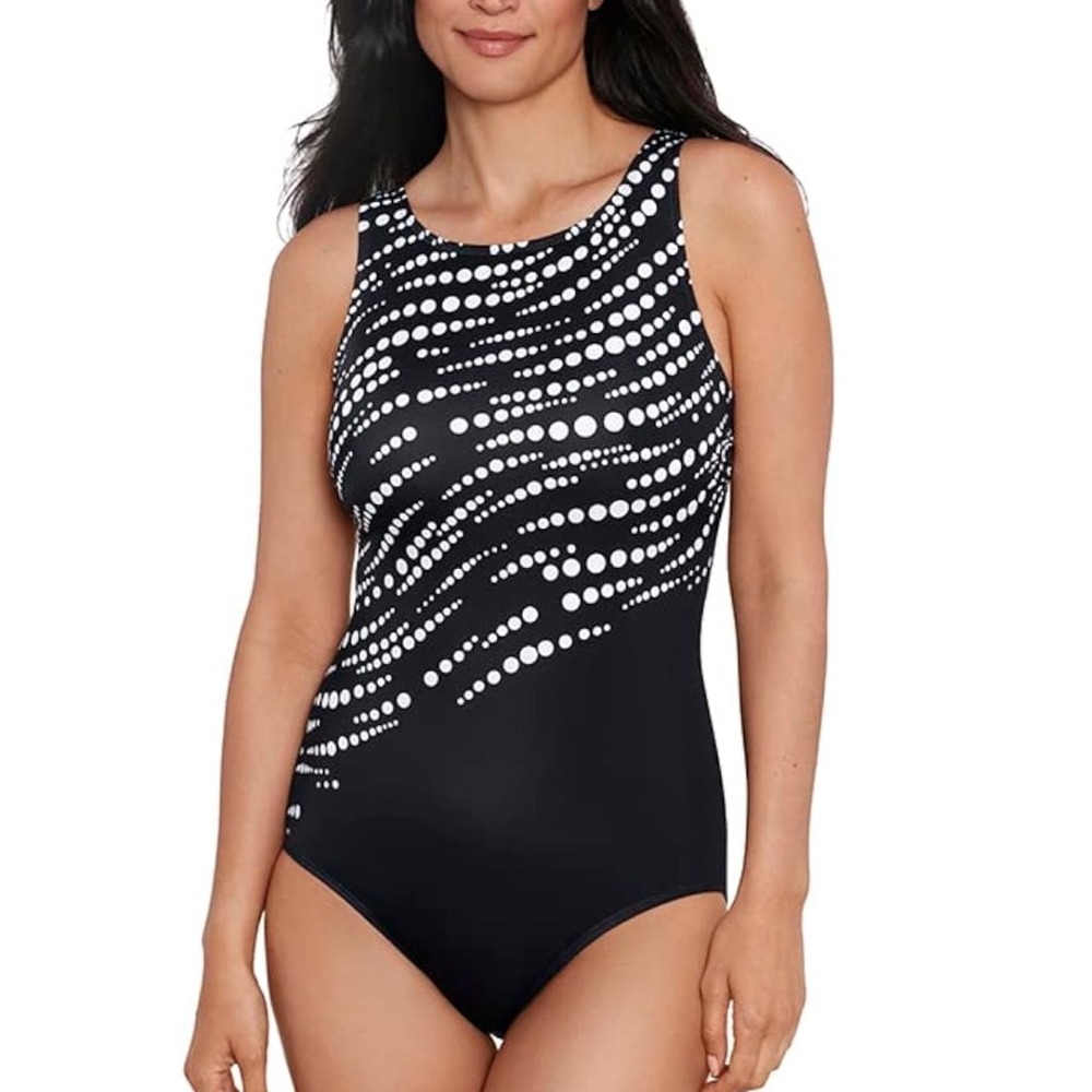 ShapeSolver Sport Penbrooke Black White Dot High Neck Tummy Control Swimsuit 12 - Picture 3 of 12